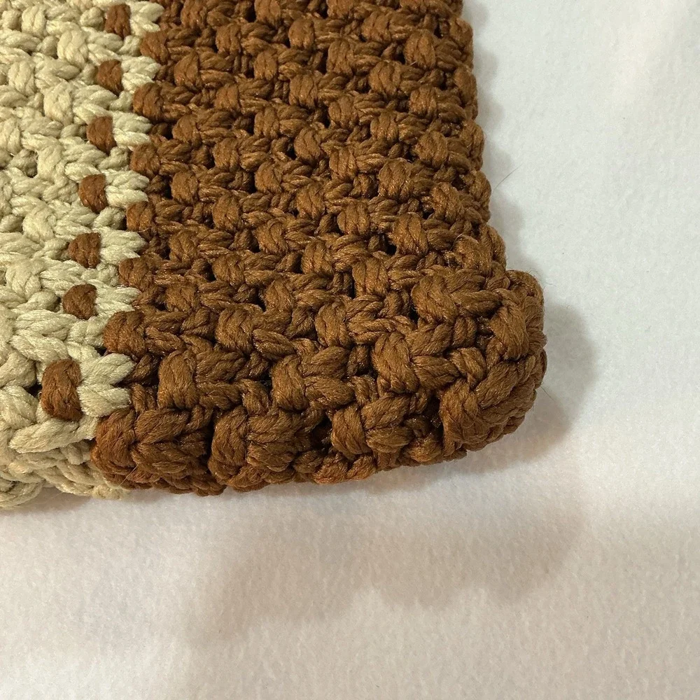Vtg 70s Macrame Handbag Artisan Lucite Handle Brown Cream Lined Handmade Resort